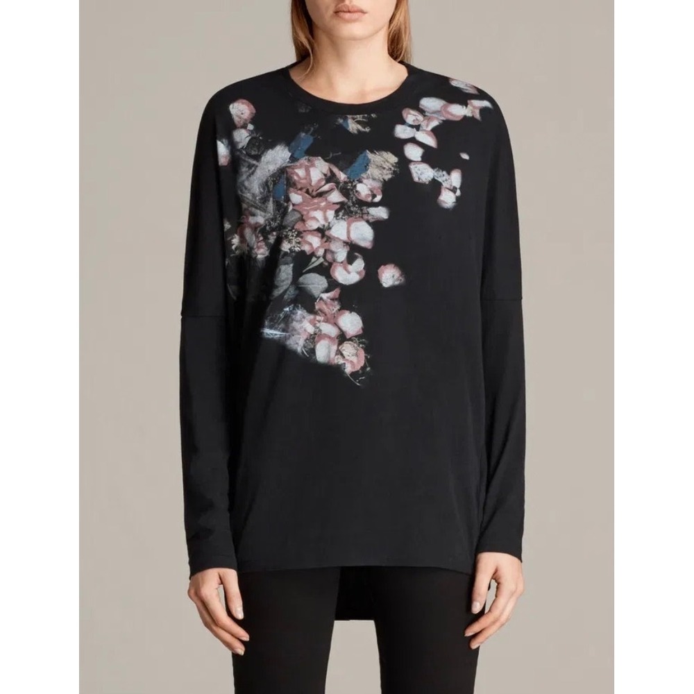 AllSaints Immaculate Wave Floral Cutout Elbow Oversized Top Black M